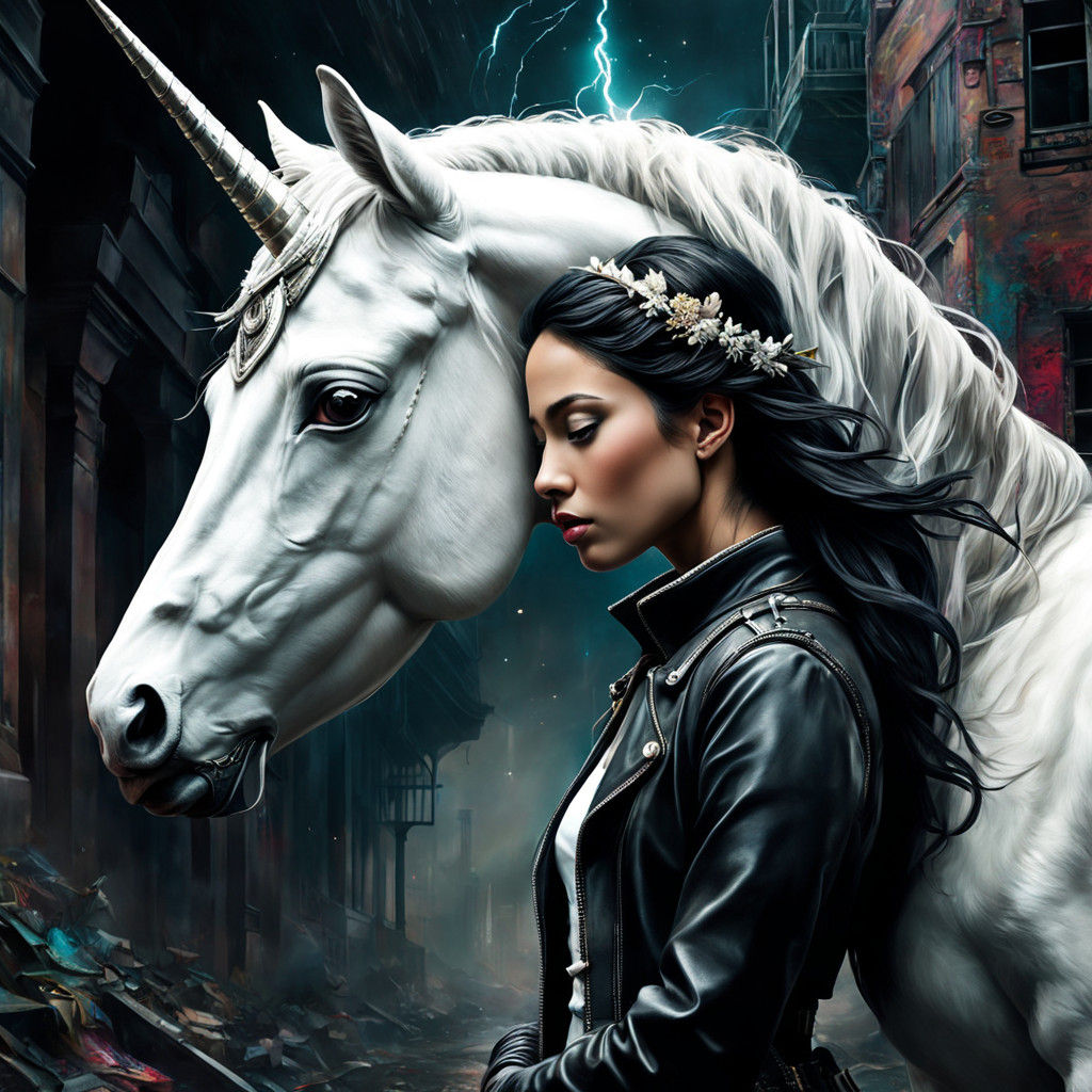 Woman and Majestic Unicorn in Cosmic Realm