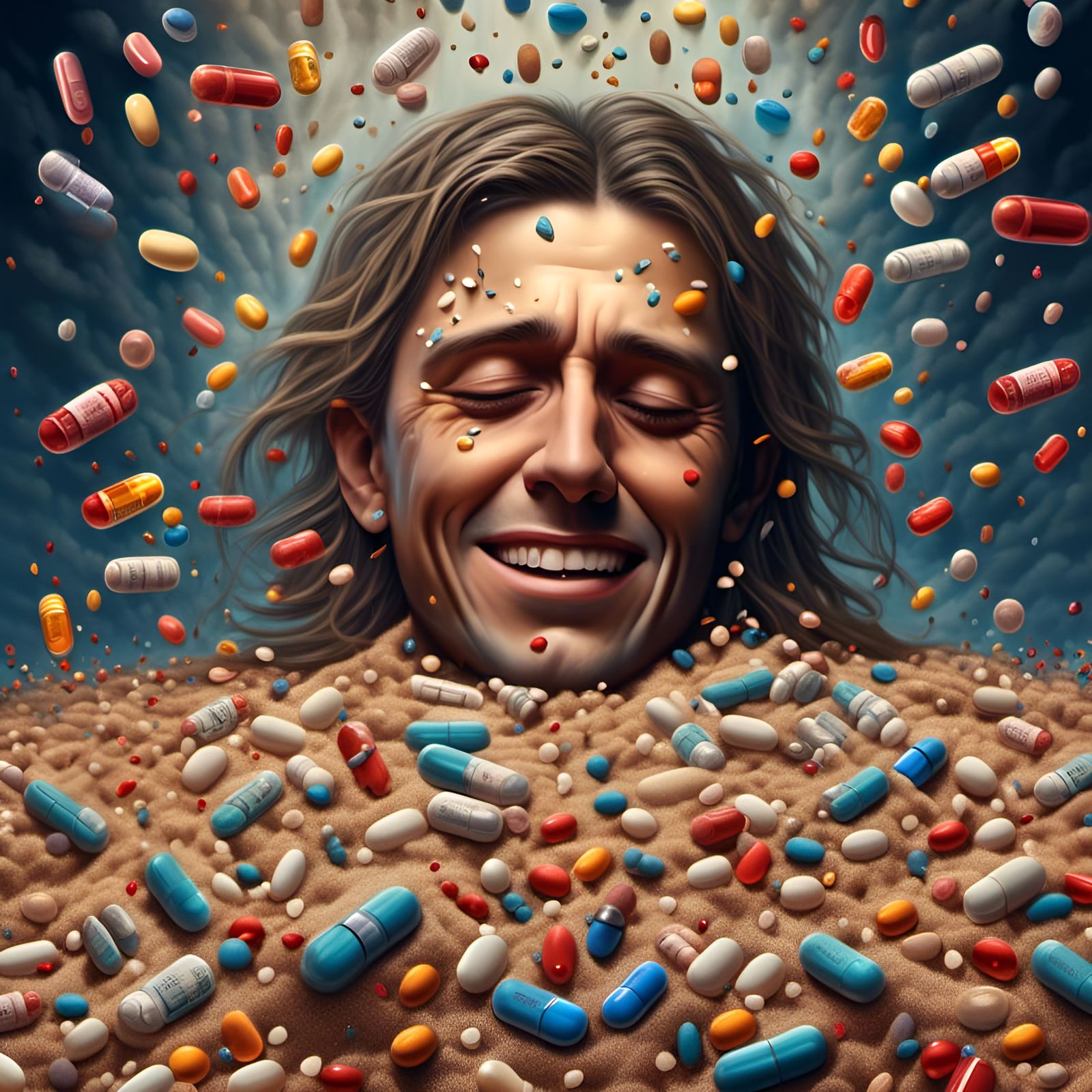 Sad Man and Happy Pills: a Hyperrealistic Scene