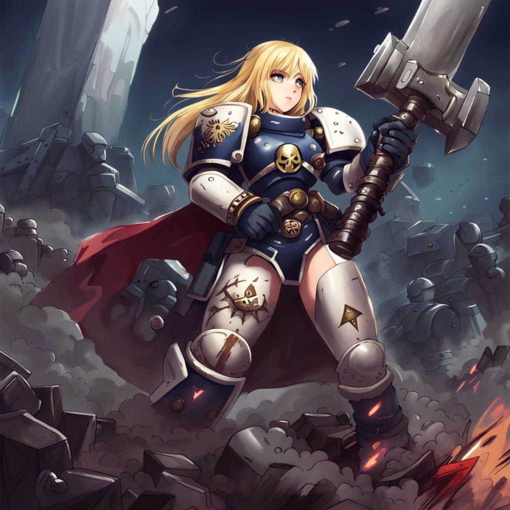 Anime-Style Blonde Space Marine on Battlefield