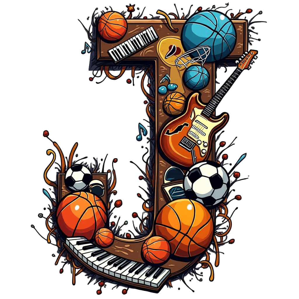Letter J Art Featuring Sports and Music Gear