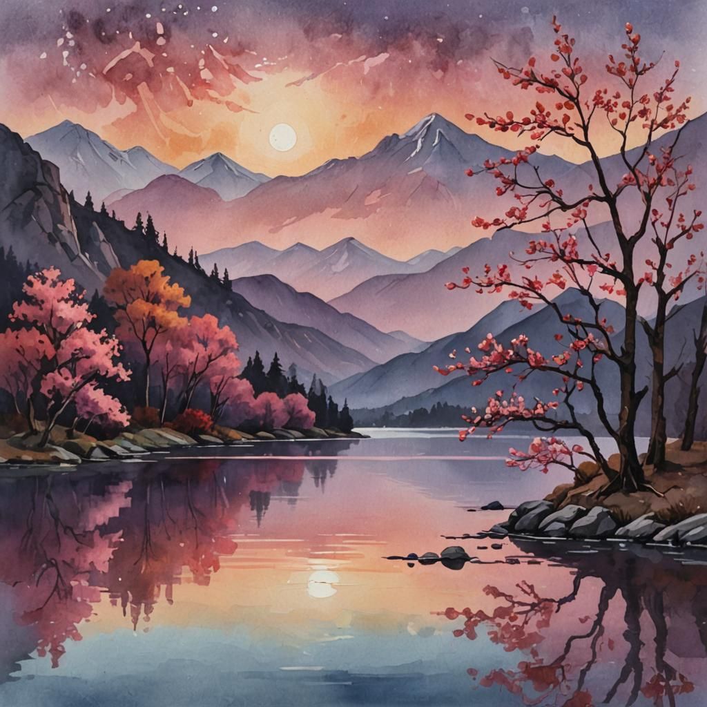 Lake Scene with Red Moon as Gouache Watercolor