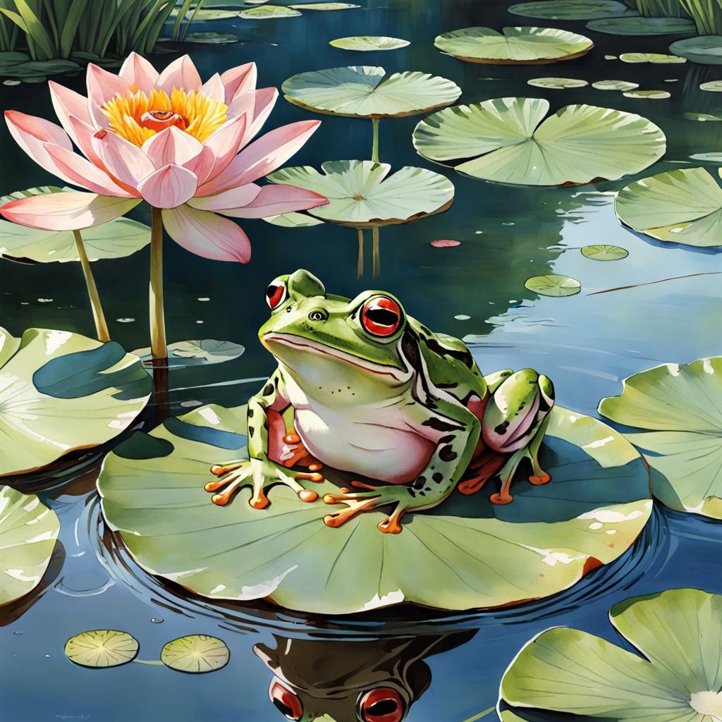 Cute Anime Frog on Lily Pad in Watercolor Style