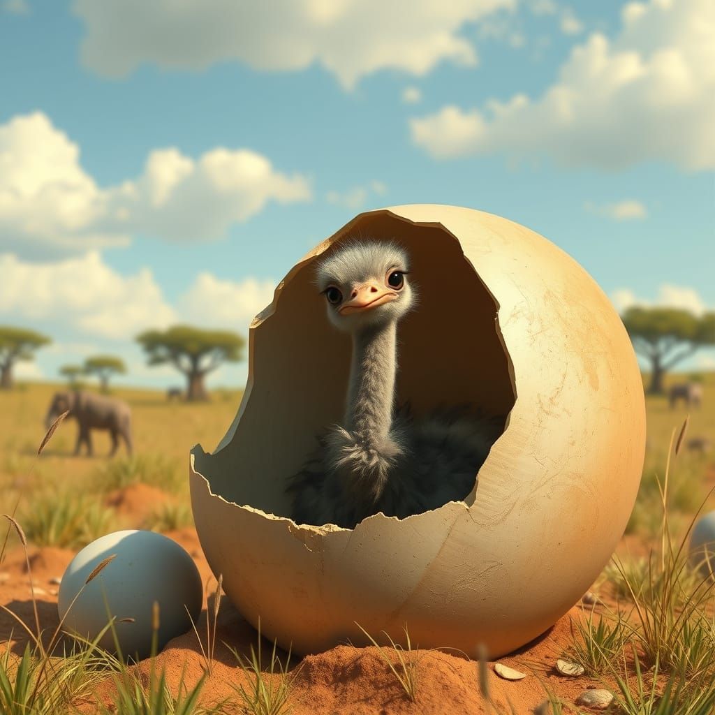 Baby Ostrich Hatches in Sunny Savannah, Whimsical Art
