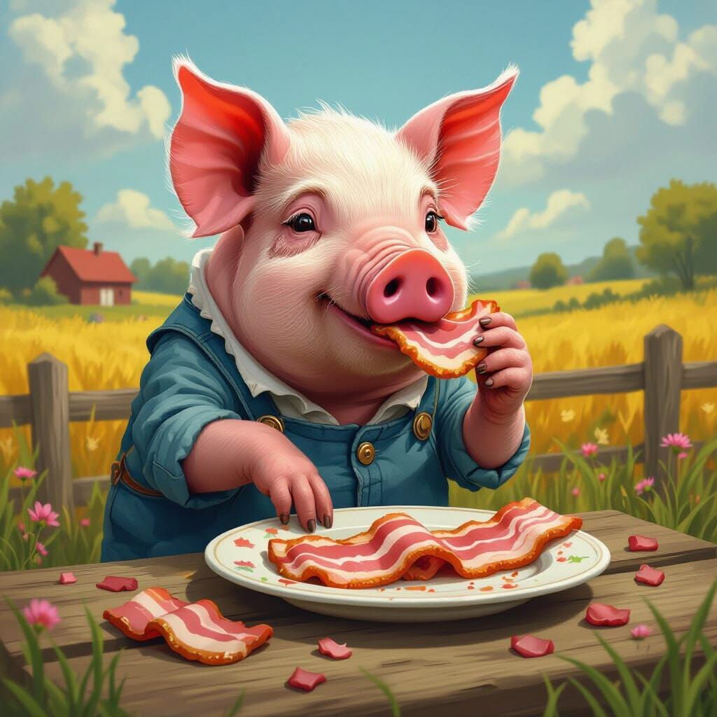 Anthropomorphic Pig Eats Bacon, Lowbrow Art Style