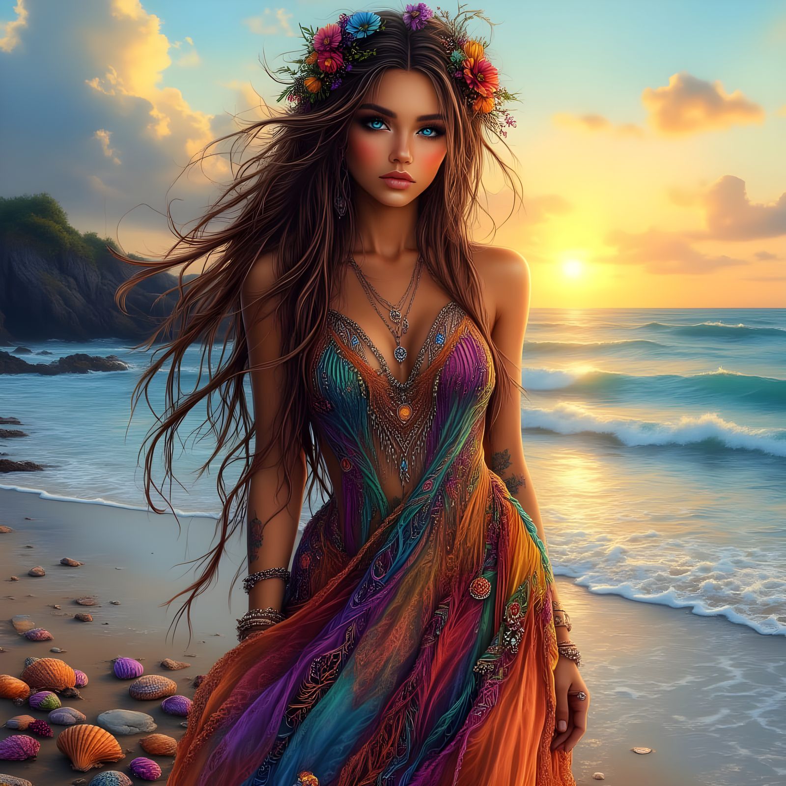 Bohemian Woman on Beach at Sunset