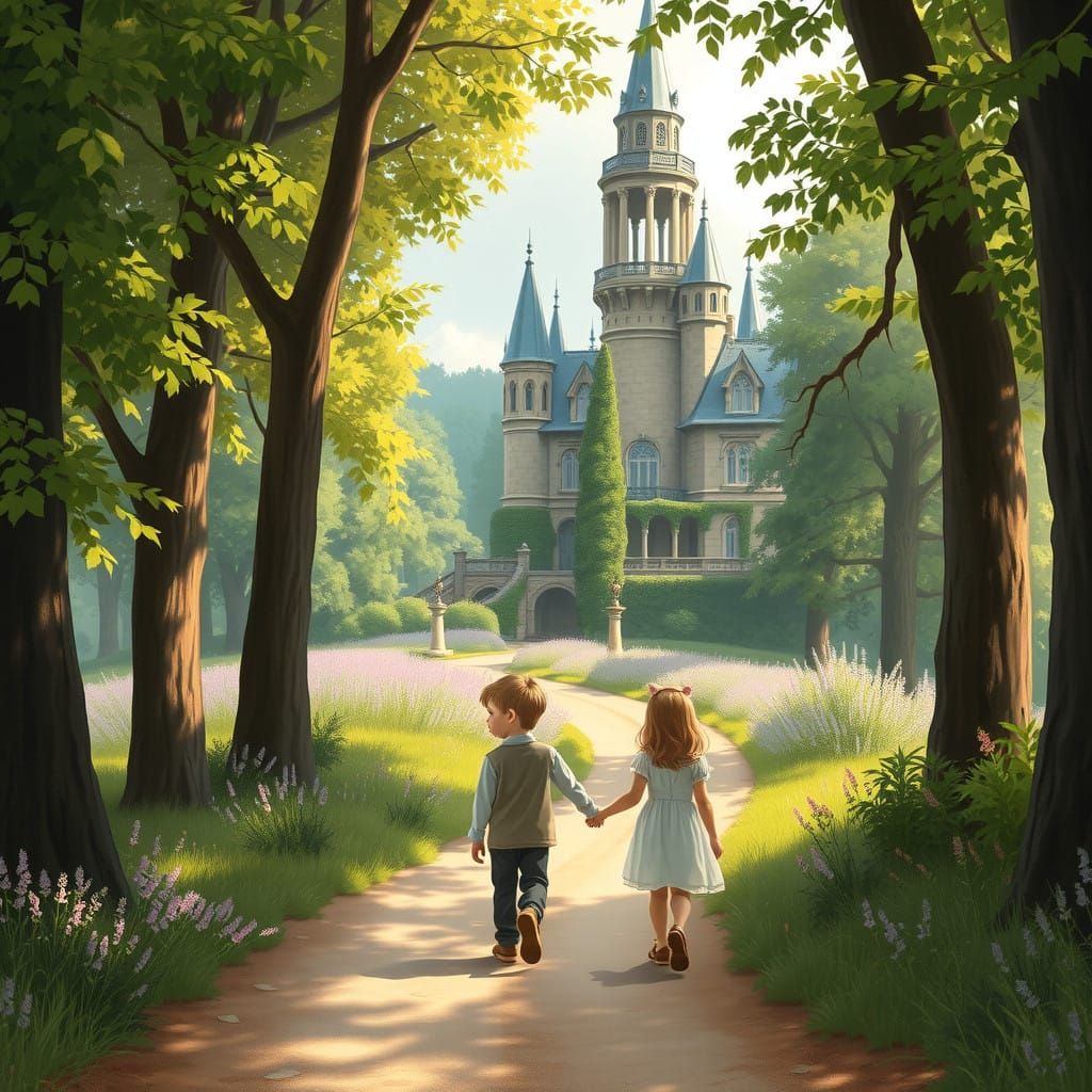 Children Stroll Through Enchanted Forest Estate