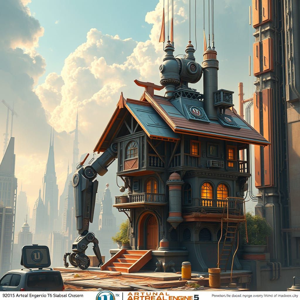 Cyberpunk Robot Constructs Futuristic Dwelling in Cityscape