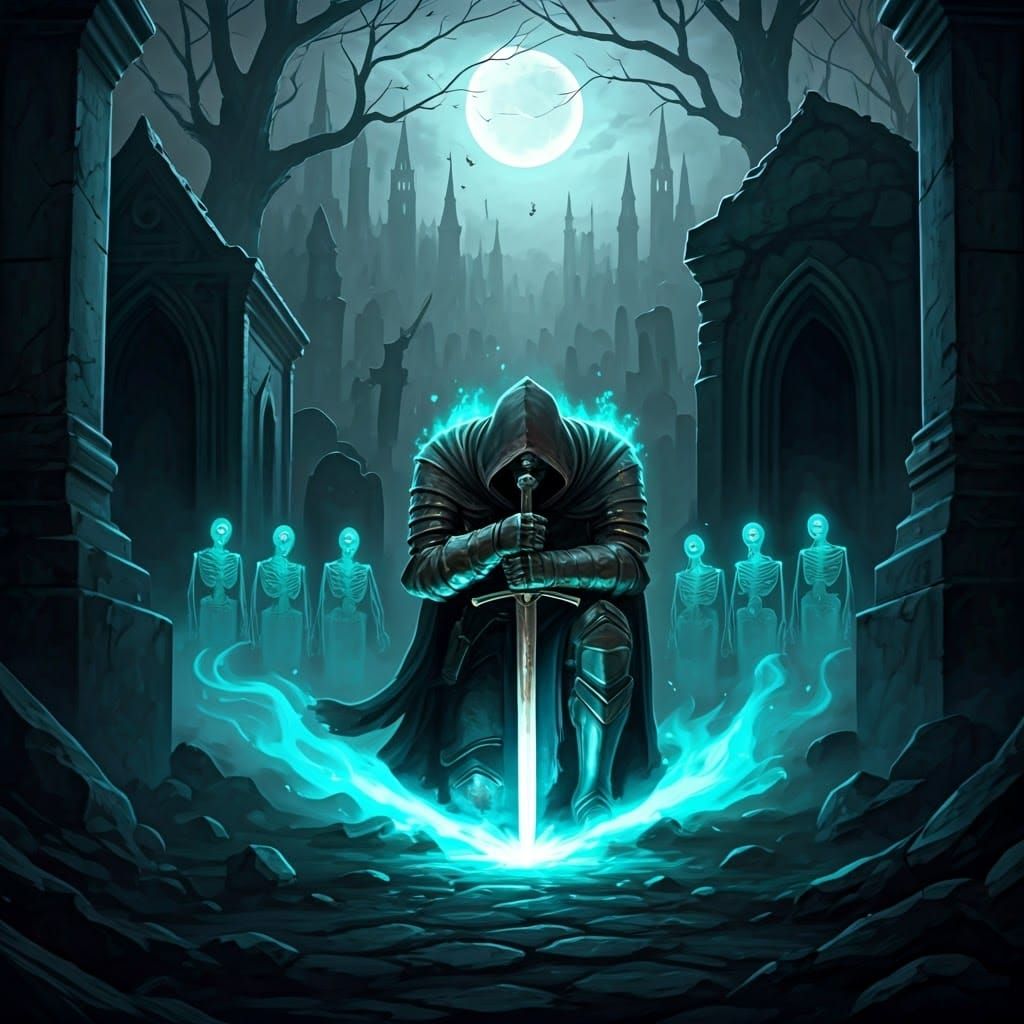 Ethereal Knight in Moonlit Graveyard