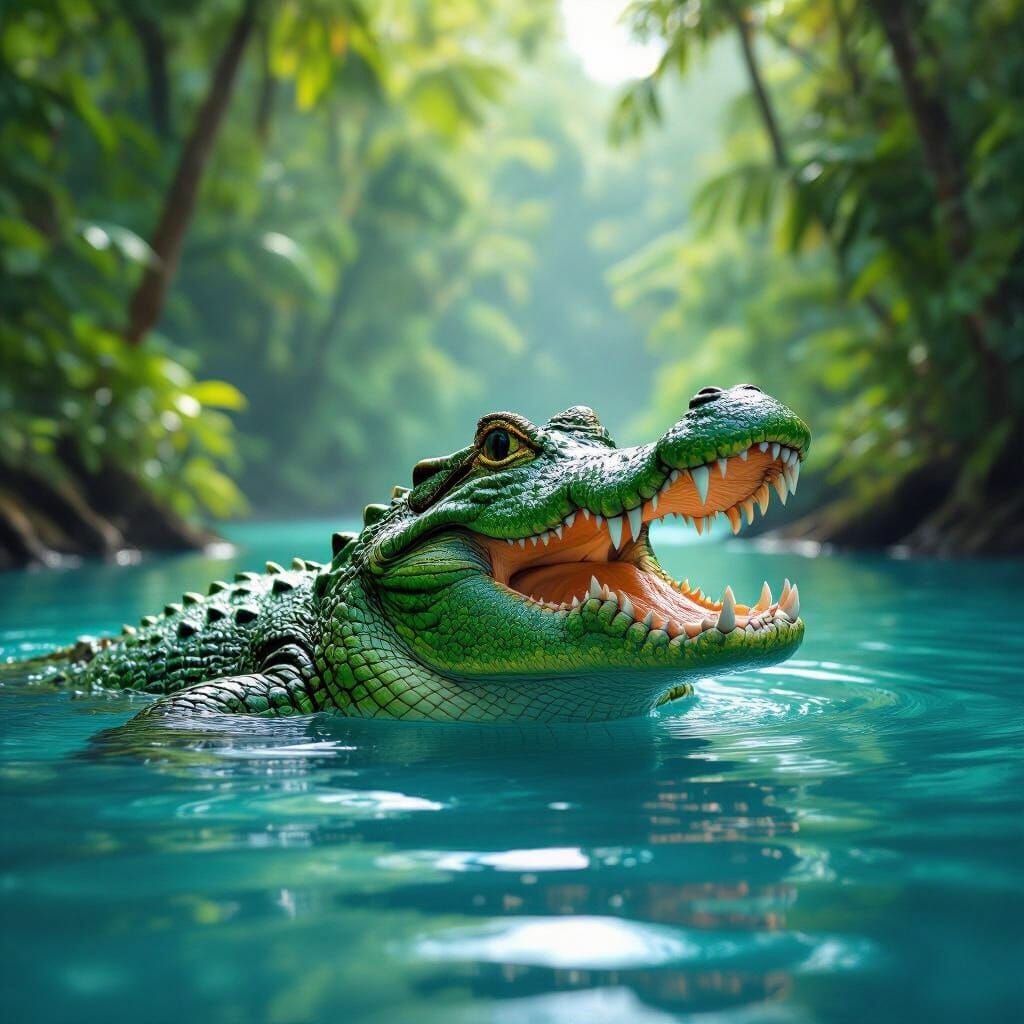 Green Crocodile Opens Mouth in Tropical Rainforest Water