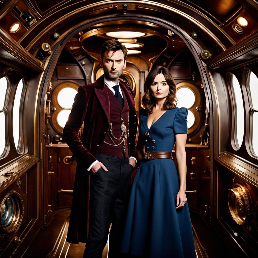 Doctor Who and Companion on Steampunk Spaceship