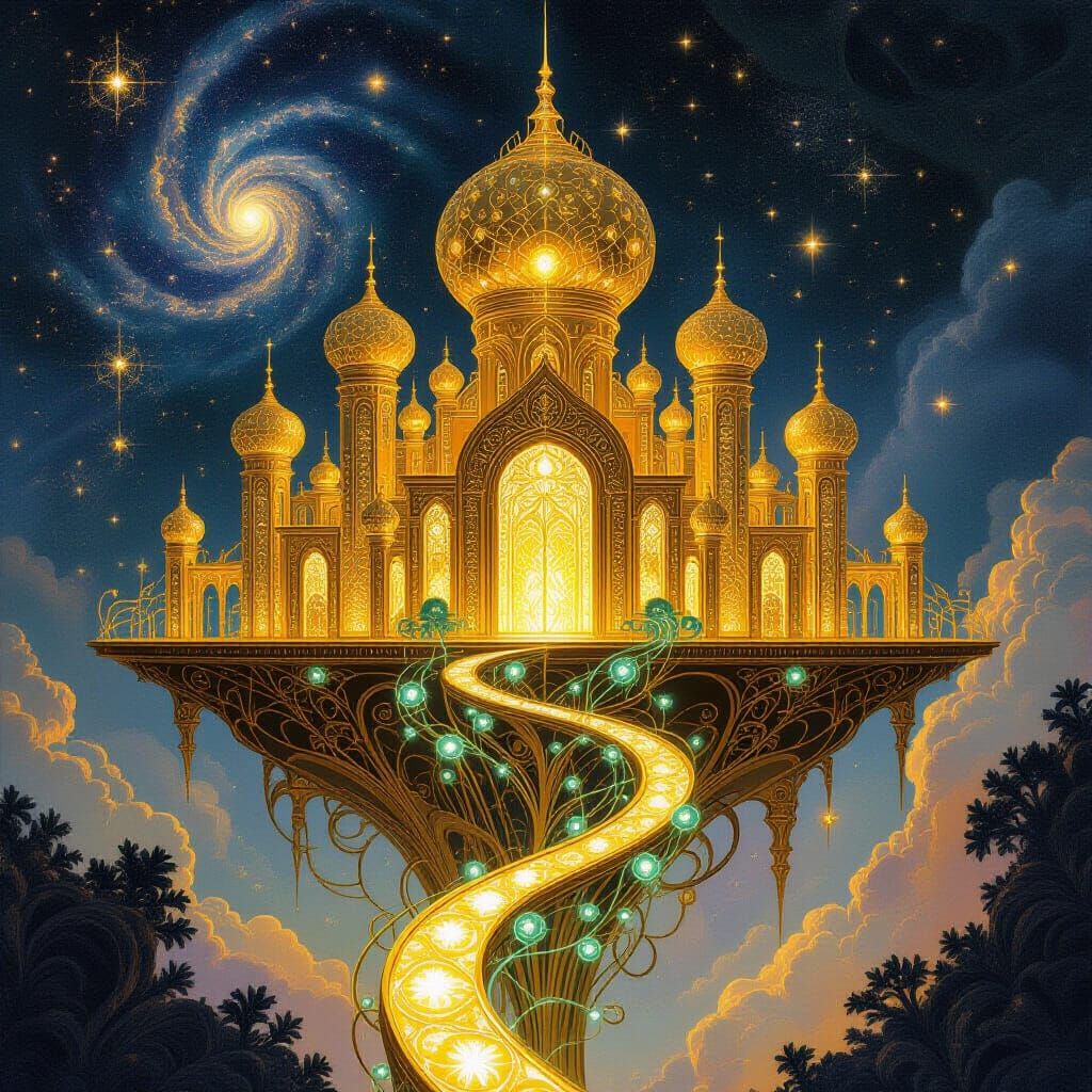 Golden Palace Among Stars in Biomorphic Art Nouveau Style