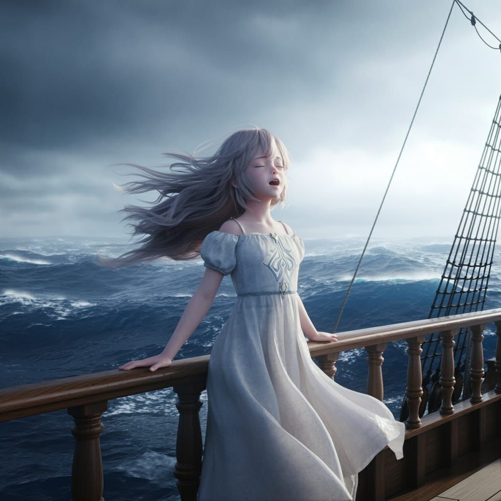 Young Girl Sings to the Endless Ocean in Vibrant Anime Style