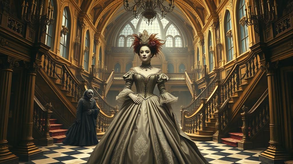 Tudor Lady at Masquerade Ball in Surreal Oil Painting
