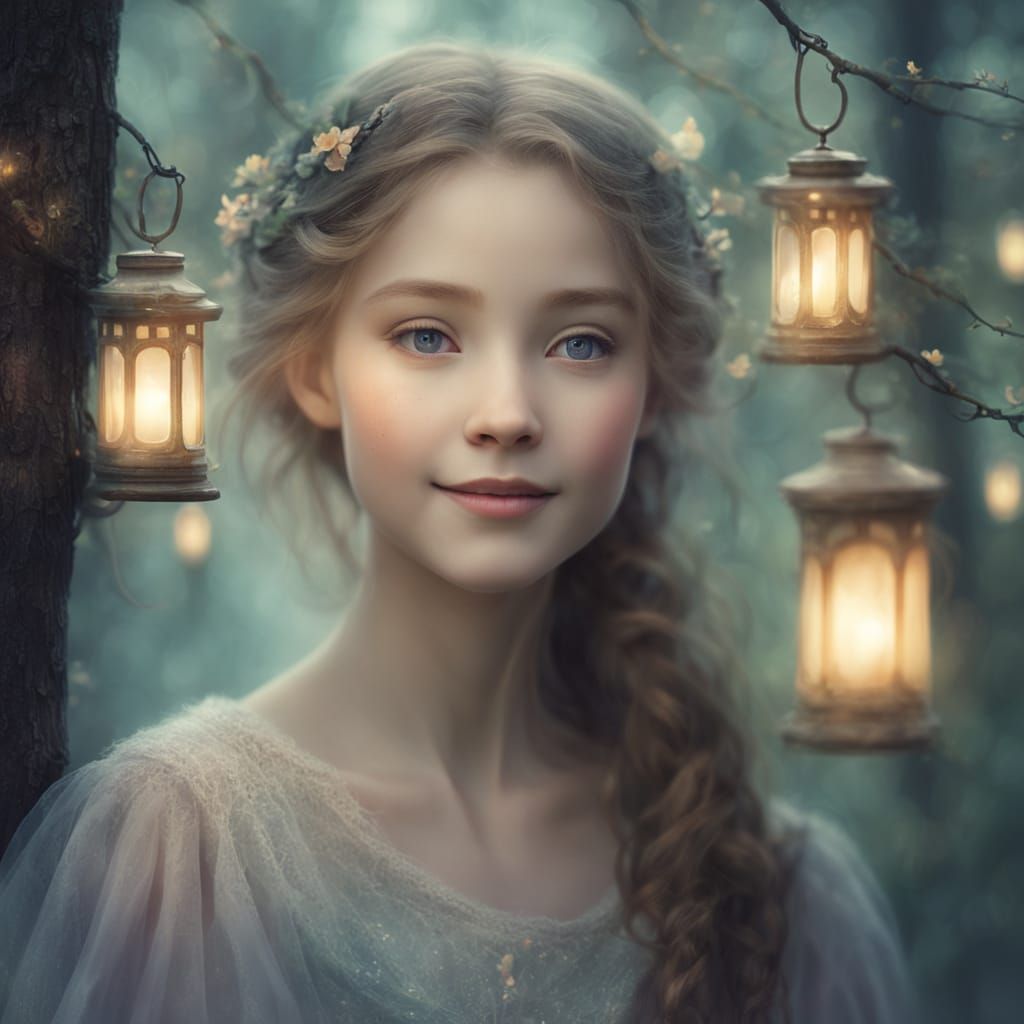 Whimsical Forest Face with Lanterns in Pastel Colors