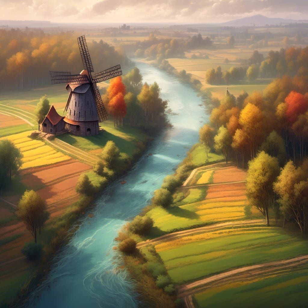 Medieval Windmill Landscape with Soft Colors
