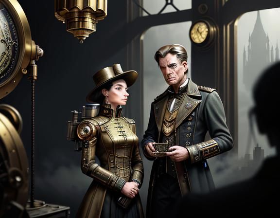 Steampunk Twins in Time Machine: Digital Matte Painting
