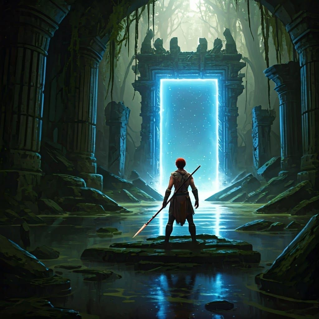 Warrior Guarding a Swamp Gate in Fantasy Art Style