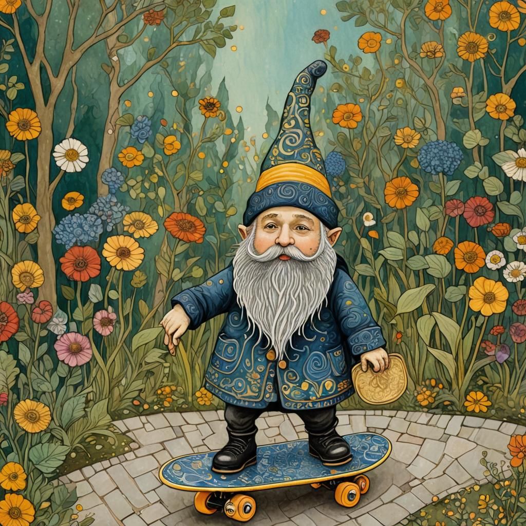 Chibi Gnome on Skateboard: Impressionist Gouache Watercolor