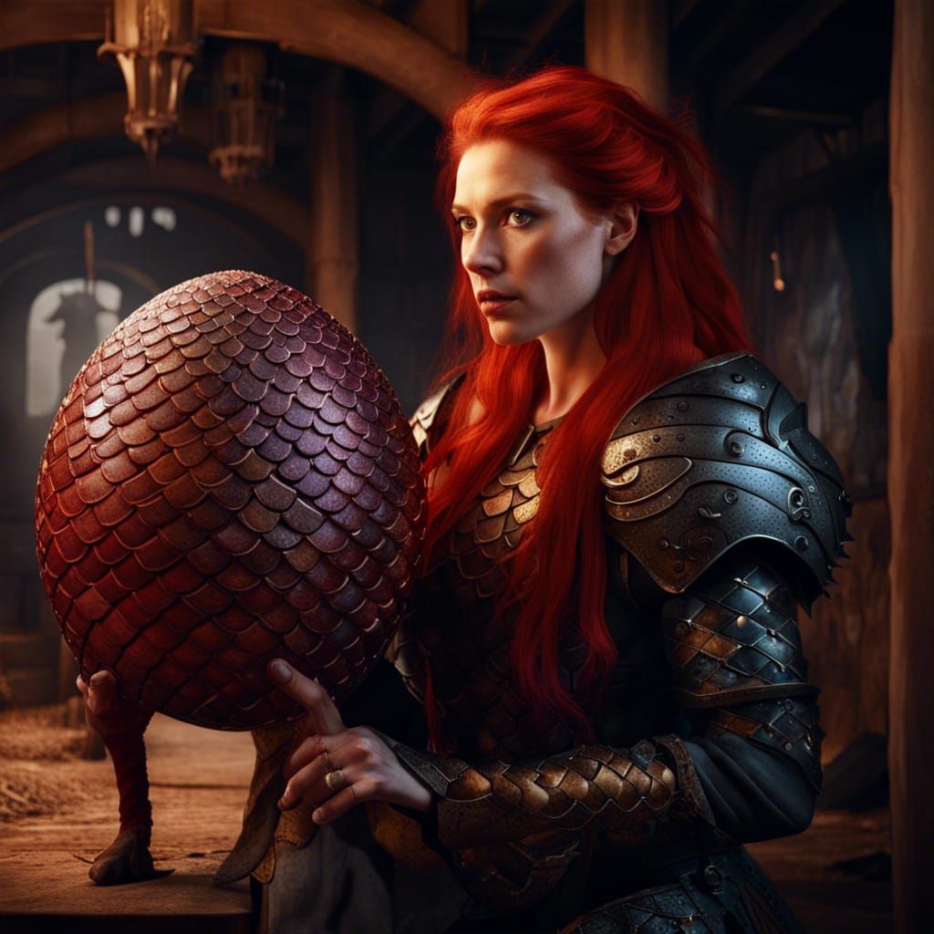 Fantasy Woman Holds Dragon Egg in Stable