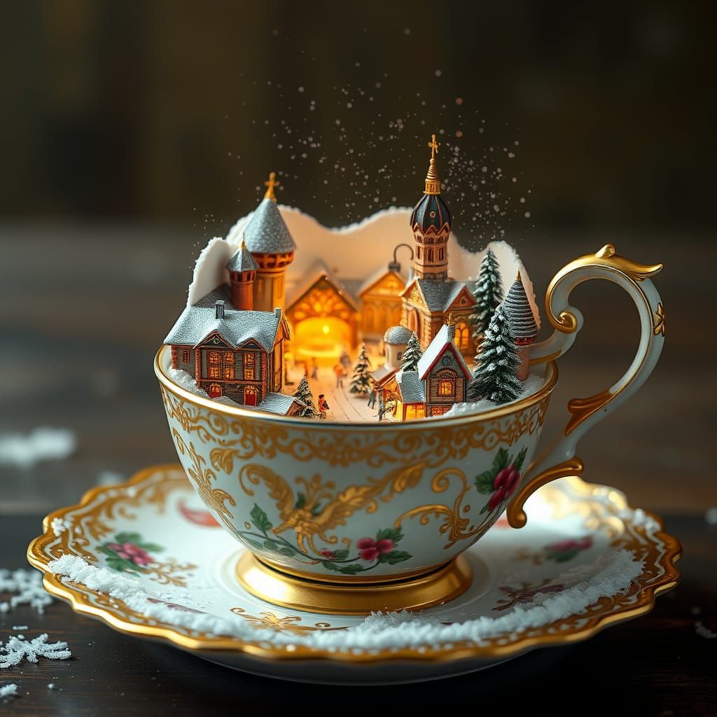 Whimsical Christmas Scene in Antique-Ins[pired Golden Porcel...