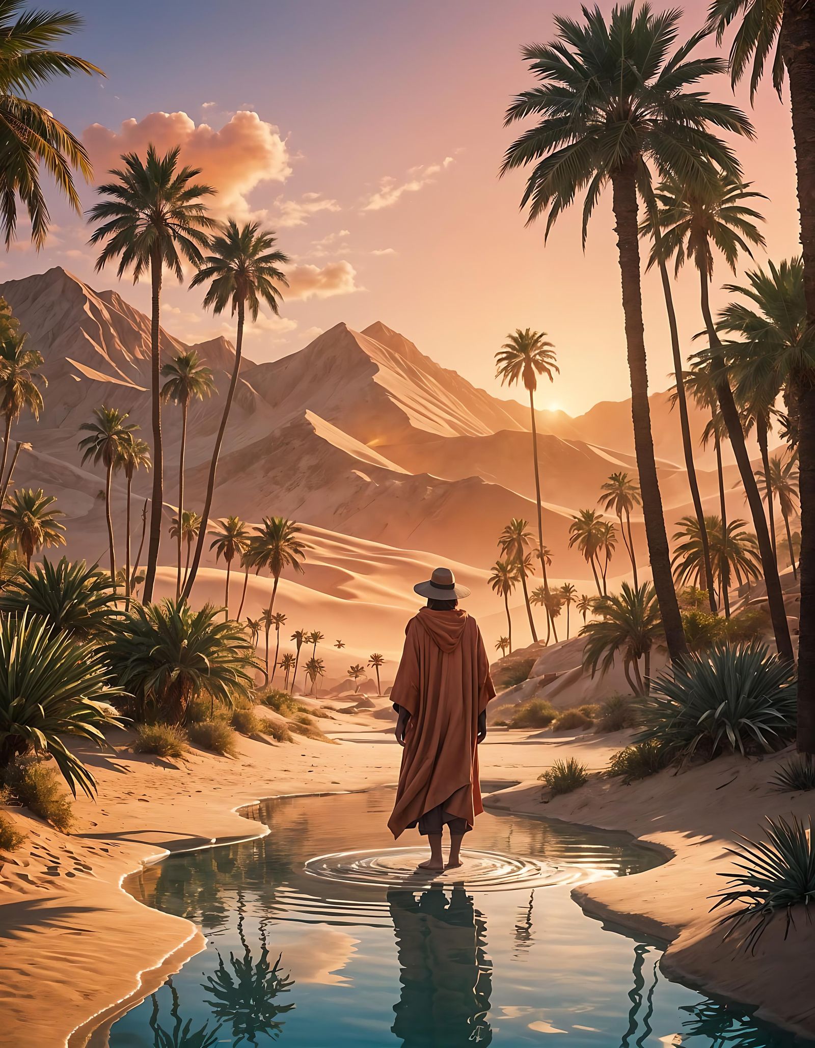Desert Oasis Sunset with Nomad Figure