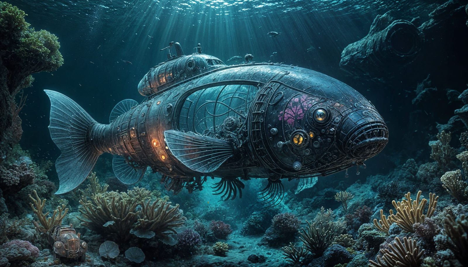 Steampunk Submarine Emerges from Dark Depths