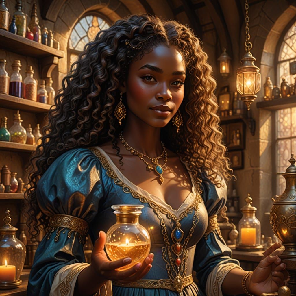 African Woman Casting Love Potion in Medieval Apothecary
