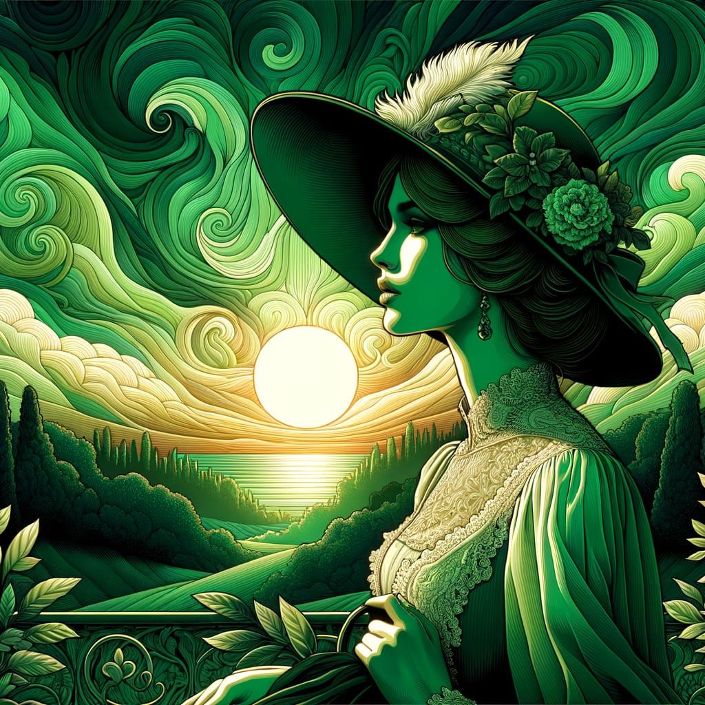 Art Nouveau Portrait of Woman in Verdant Sunset