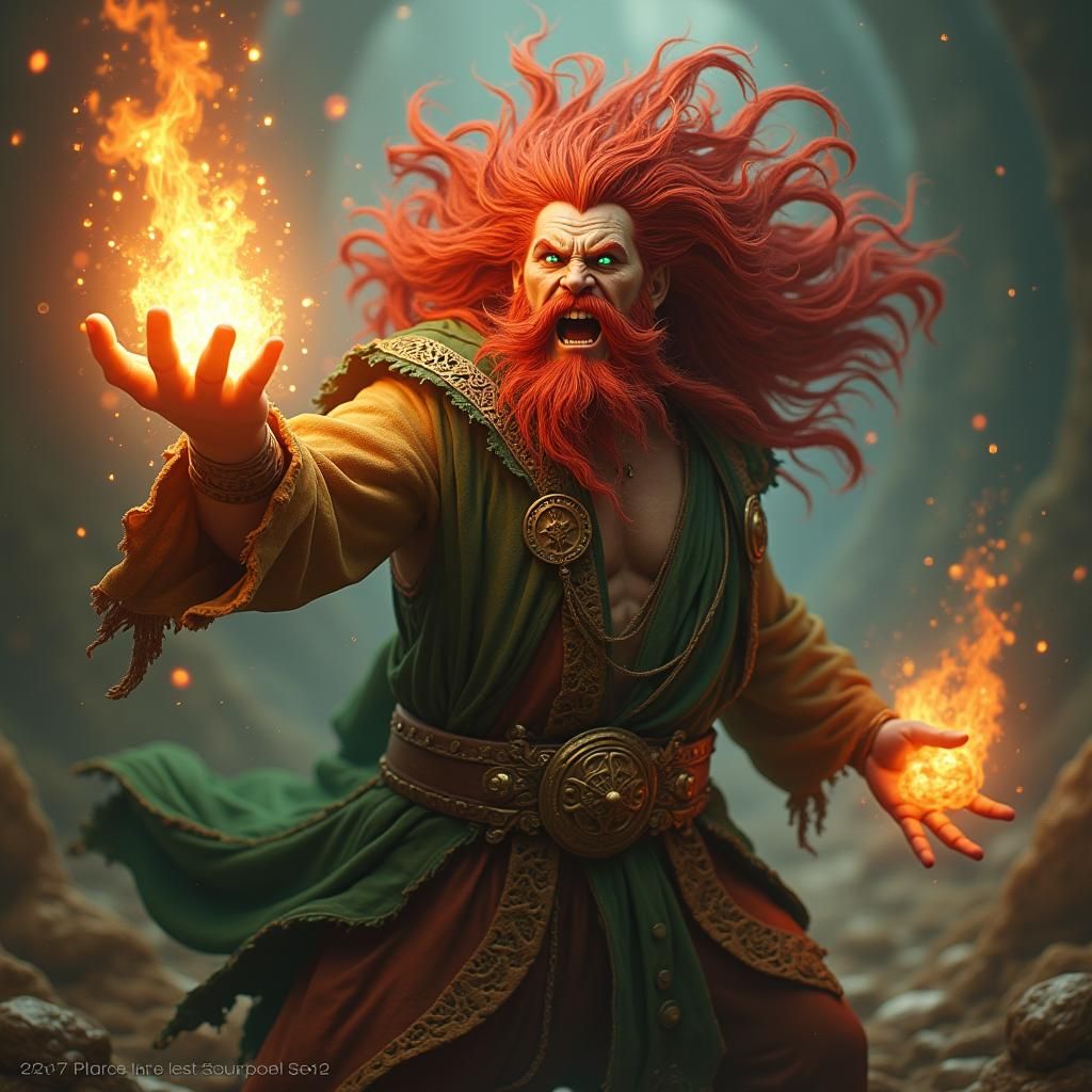 Raging Sorcerer Unleashing Fireball in Fantasy Realm