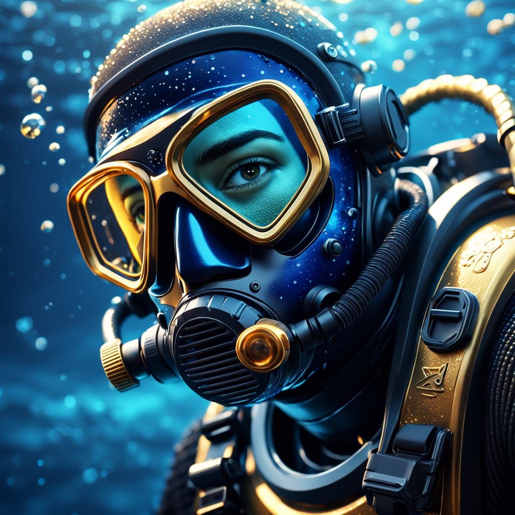 Scuba Diver in Glowing Blue Ocean: 3D Digital Art