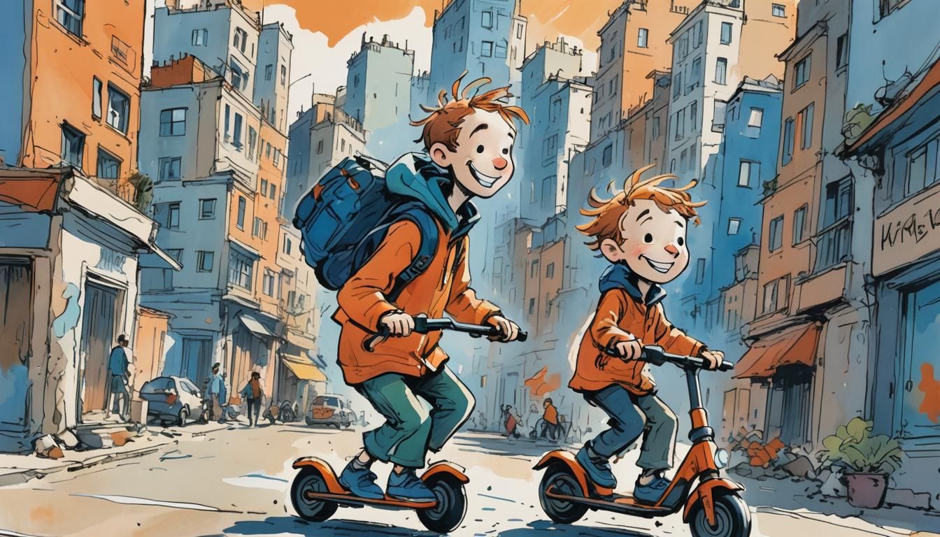 Boy on Scooter in Quentin Blake Style