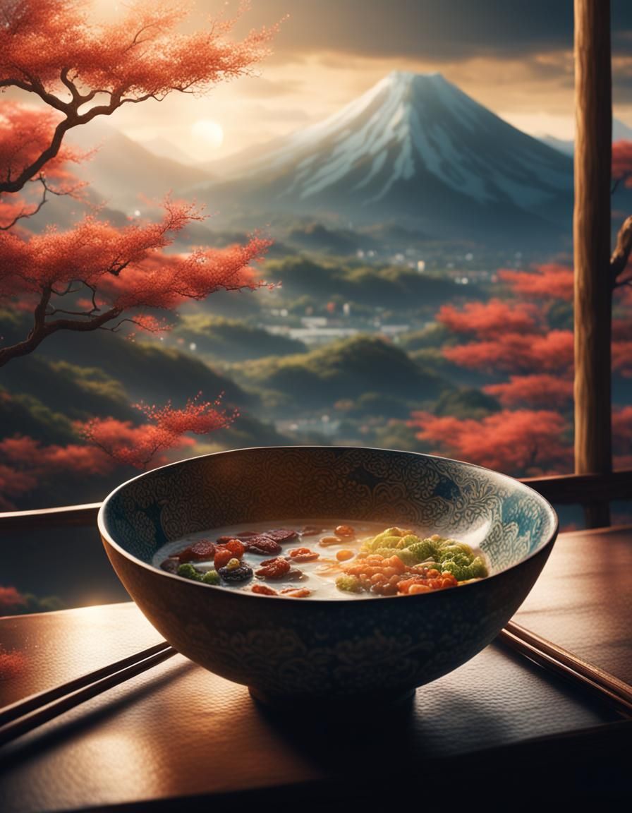 Authentic Wabi-Sabi Ramen Bowl, Digital Matte Painting