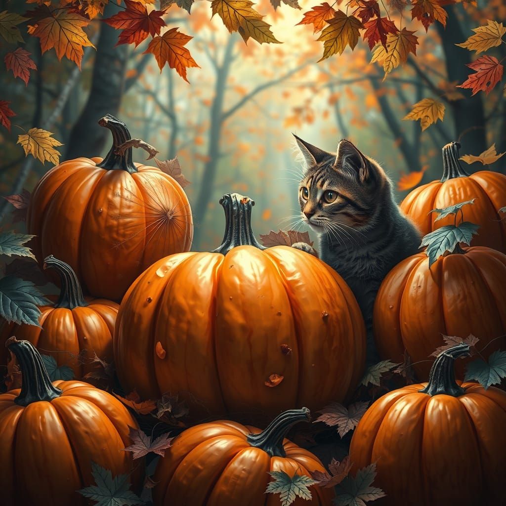 Hyperrealistic Cat and Pumpkins in Forest
