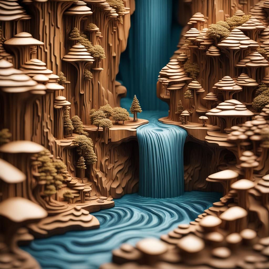 Waterfall on Floating Island: 3D Wood Carving