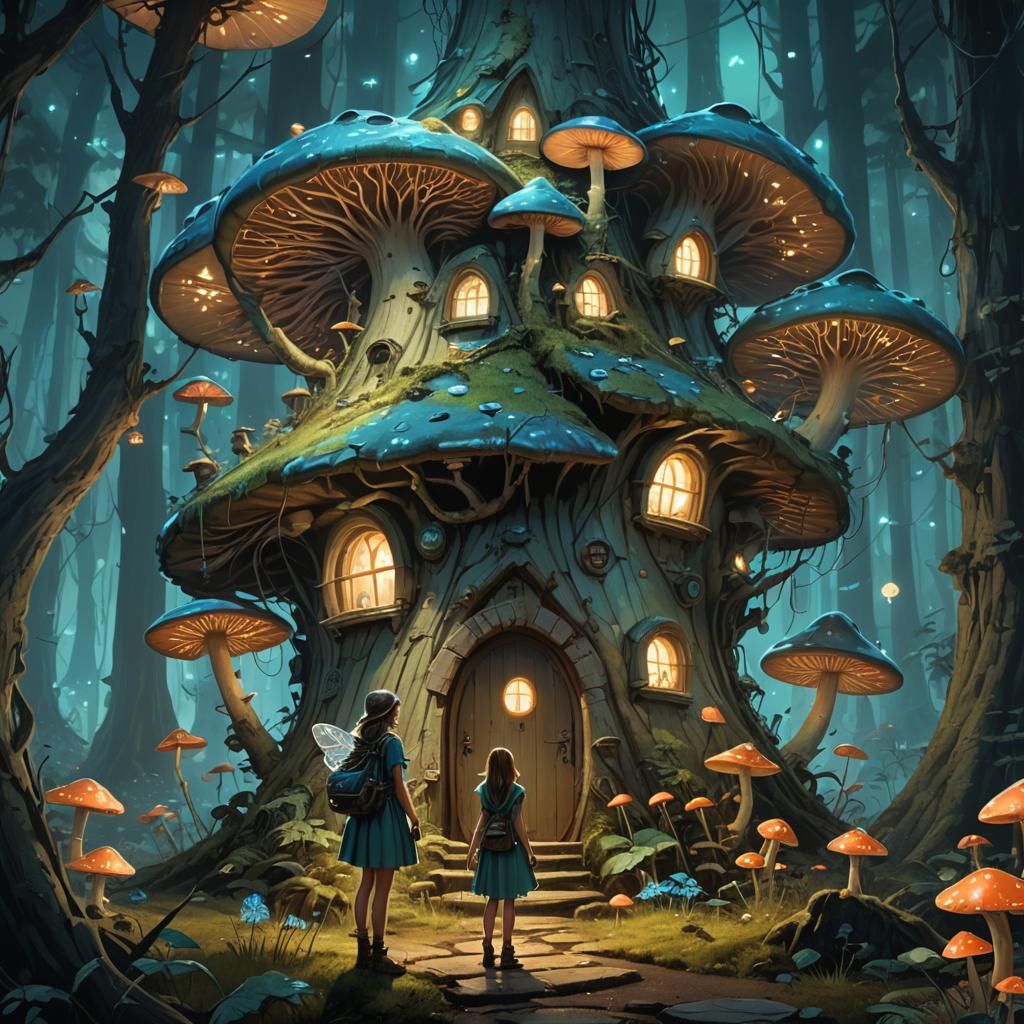 Fairy Girl in Bioluminescent Forest, Digital Matte Painting