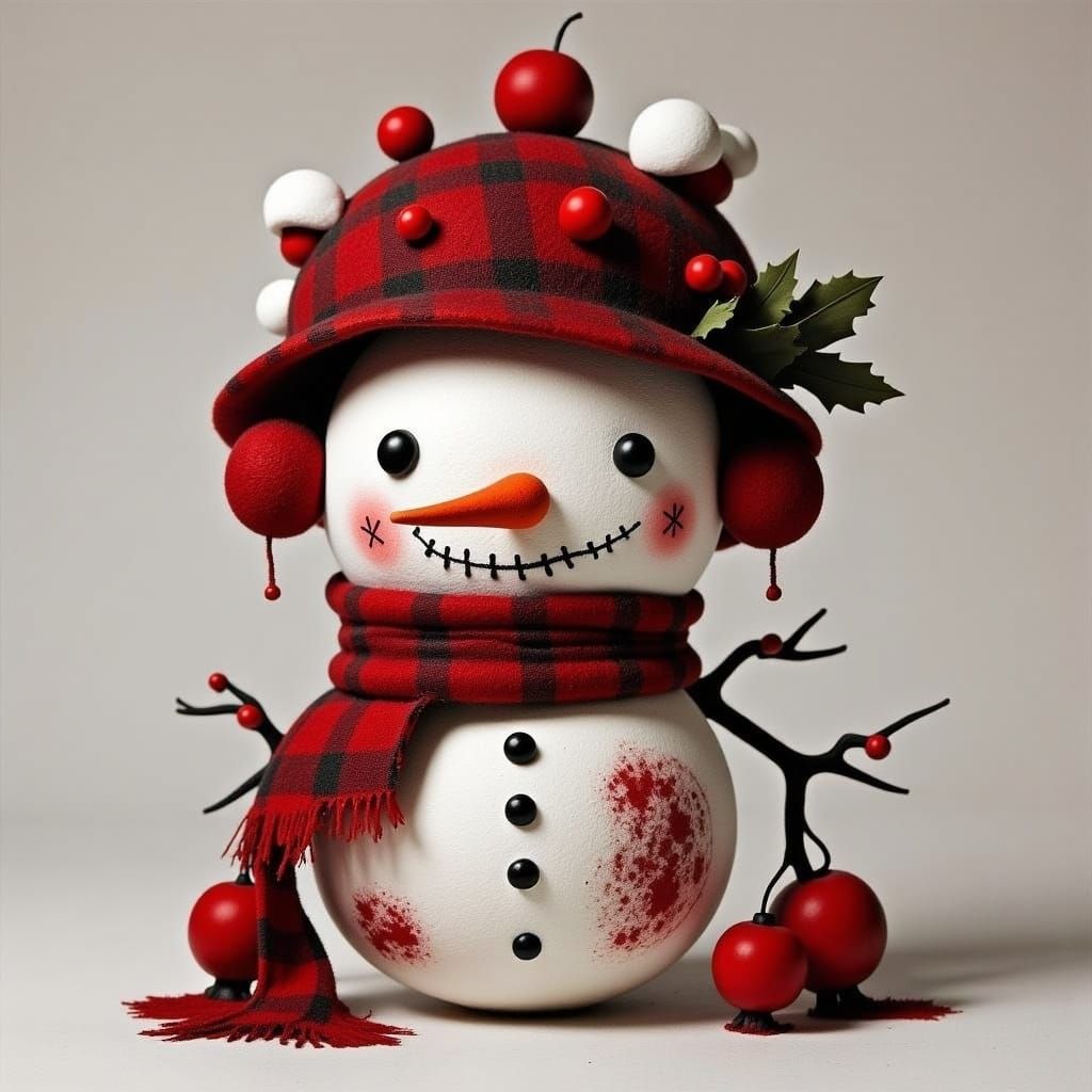 Whimsical 3D Muslin Snowman with Plaid Scarf