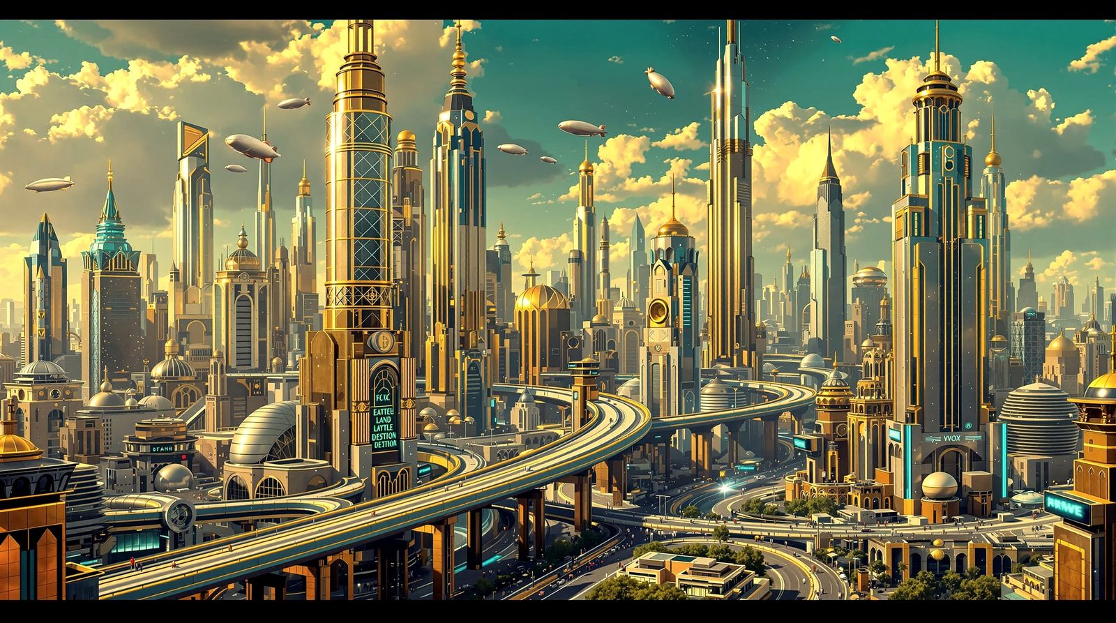 Art Deco Retrofuturist Cityscape in Metallic Light