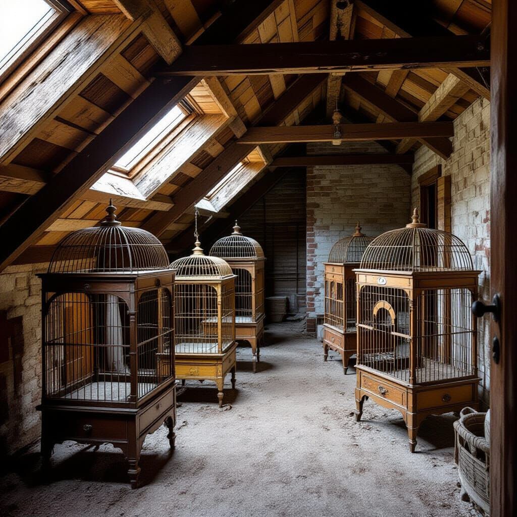 Antique Bird Cages in Dusty Attic