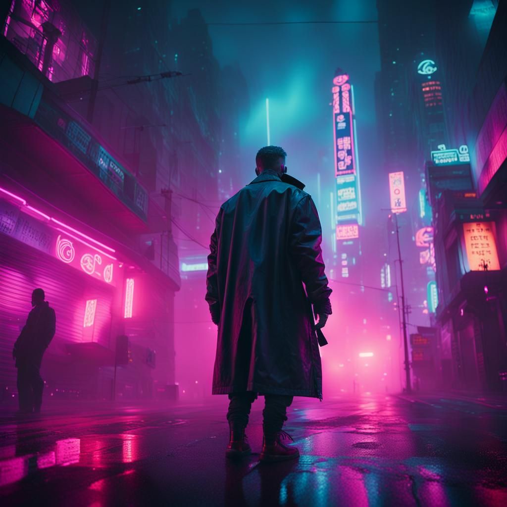 Cyberpunk City Street with Neon Lights and Fog
