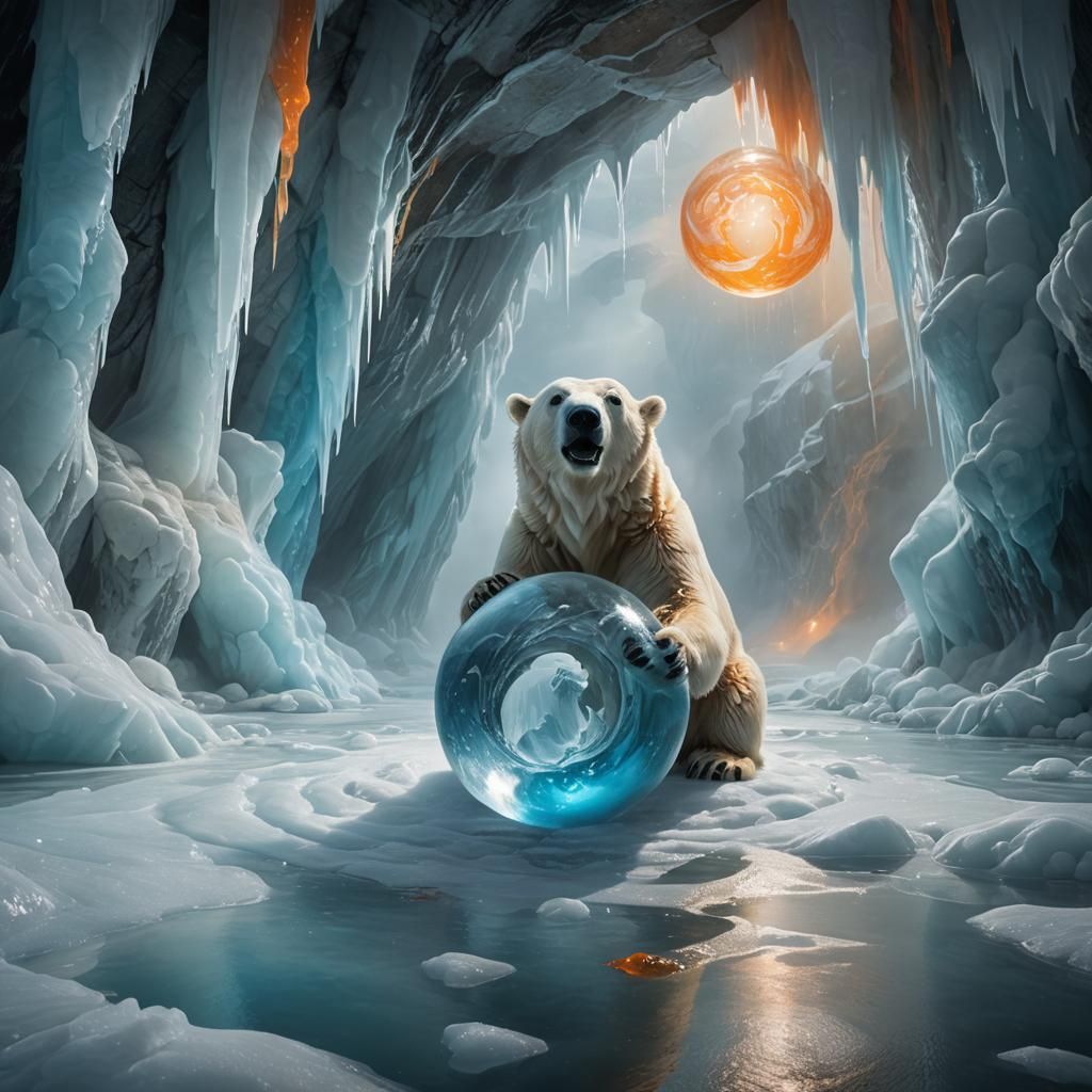 Polar Bear Waterbending in Icy Cavern, Fantasy Art