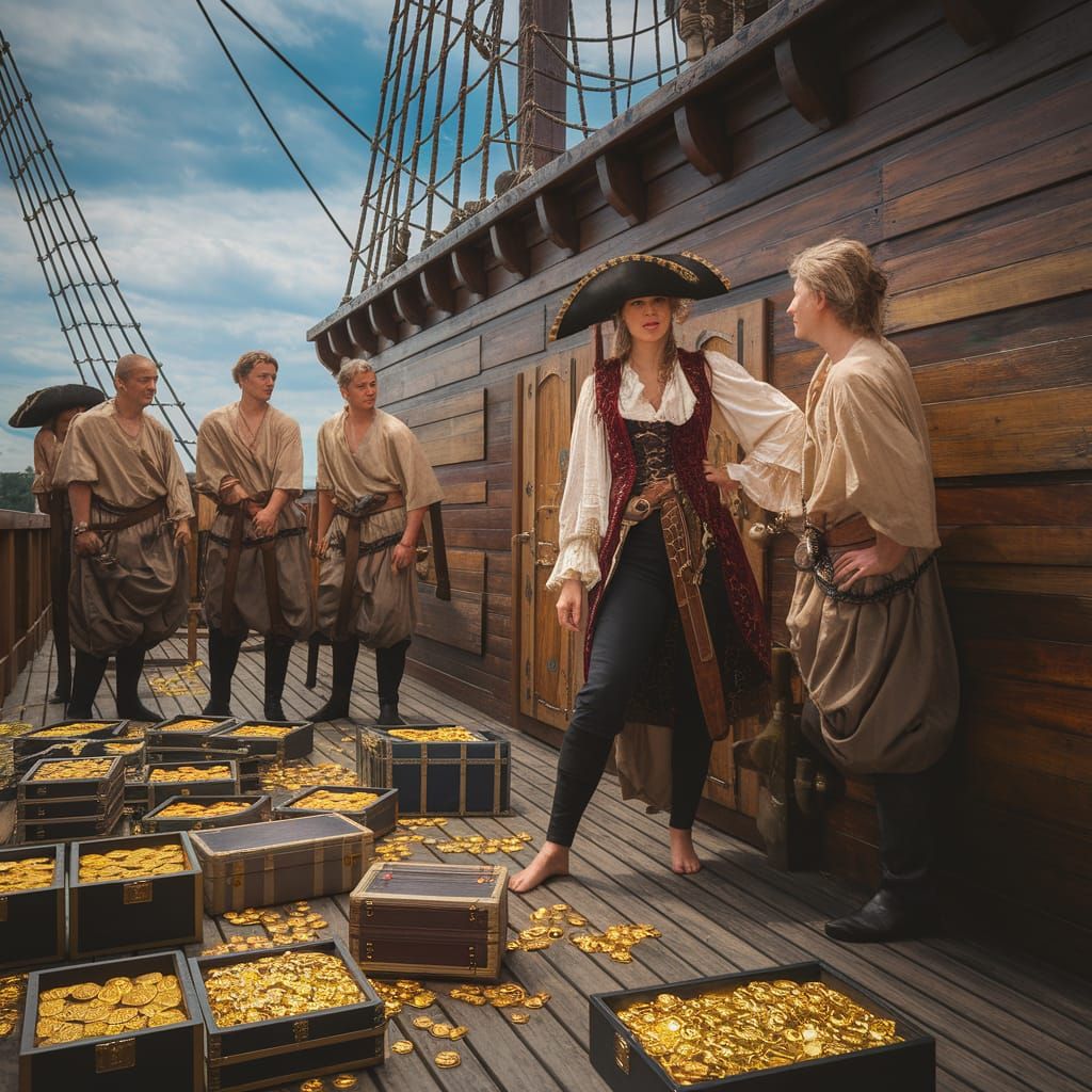 Pirate Captain Surveys Prisoners After Battle Victory