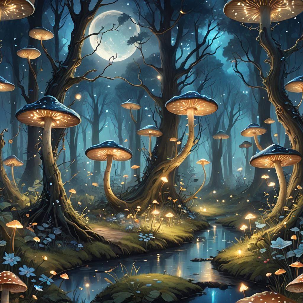 Enchanted Forest with Glowing Mushrooms, Oil Painting