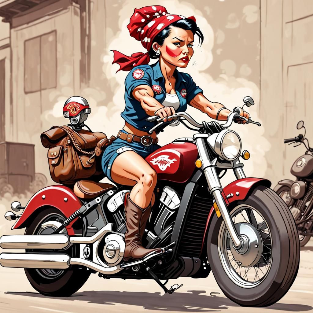 Rosie the Riveter Rides an Indian Scout Motorcycle