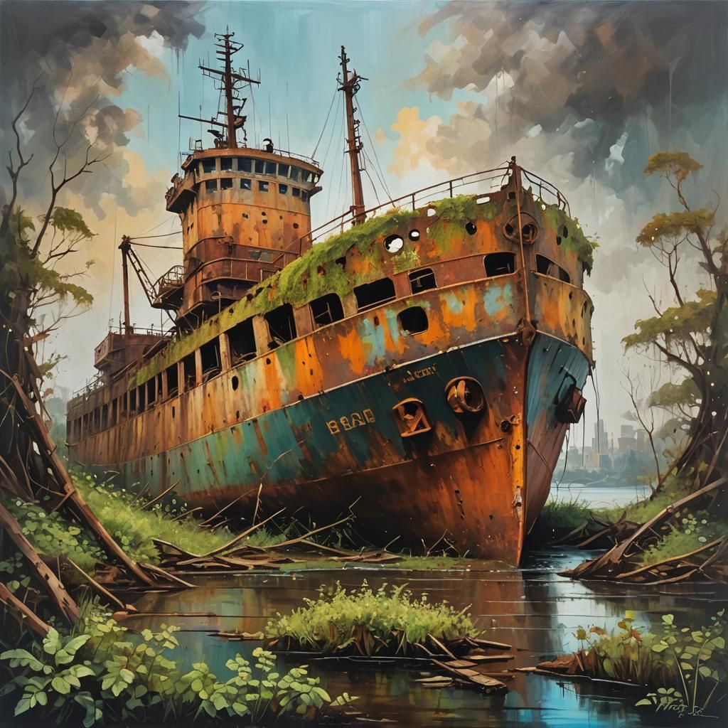 Decaying Cargo Ship Oil Painting