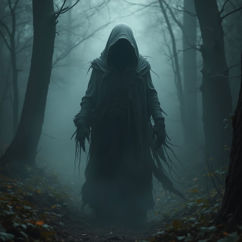 Mysterious Figure in Dark Forest, Atmospheric Art