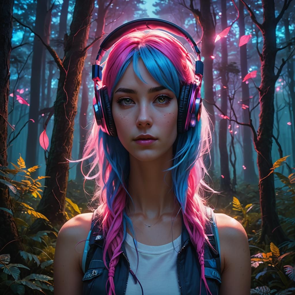 Siren with Blue Hair and Headphones, Digital Art