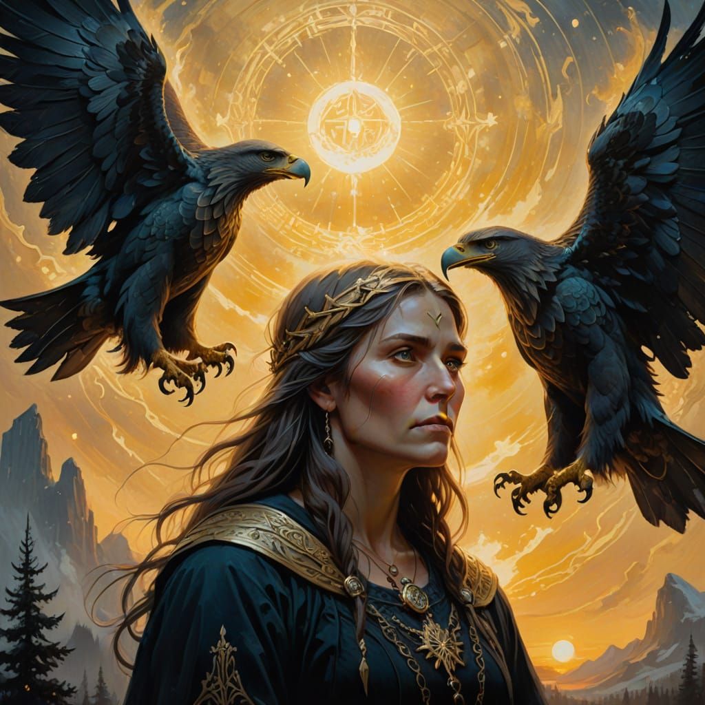 Slavic Witch and Cosmic Eagle in Oil Painting