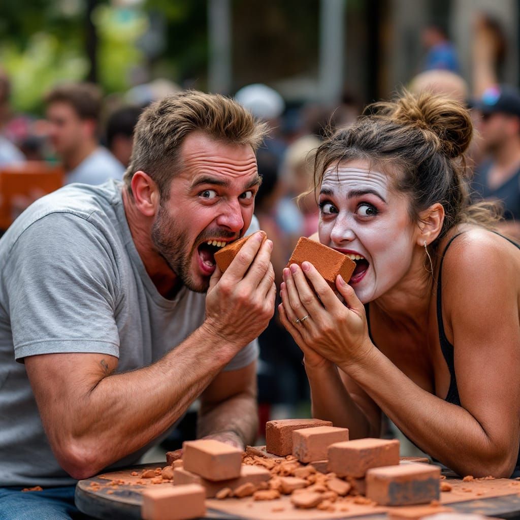 Funny Brick Eating Competition at Street Festival