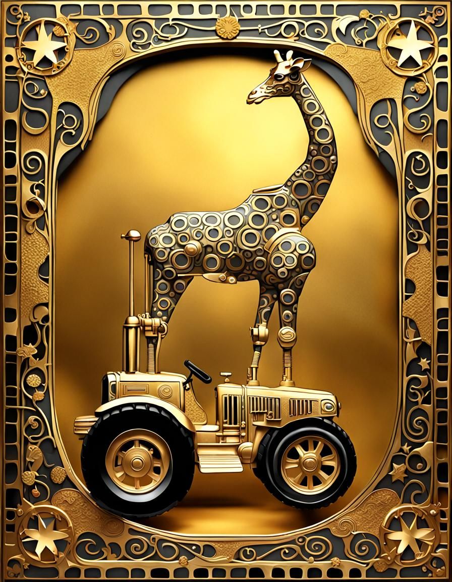 Golden Giraffe Tractor in Klimt Art Nouveau Style