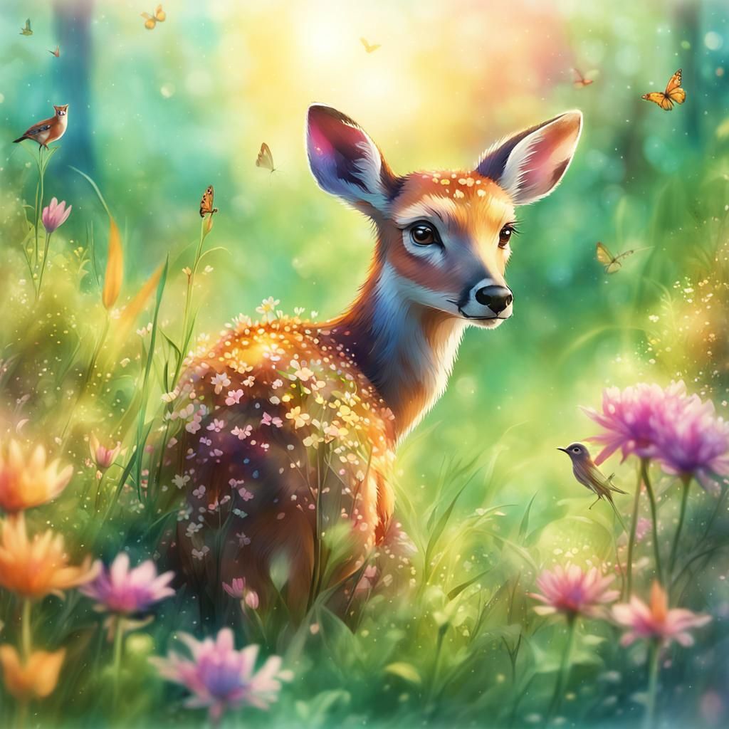 Young Fawn in Lush Vegetation: Digital Matte Painting